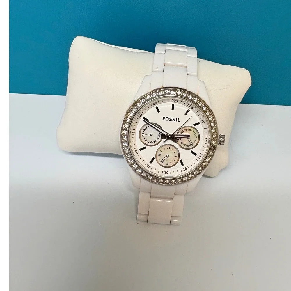 Fossil Stella White Resin Multifunction Watch Crystal Bezel 38mm Need Battery